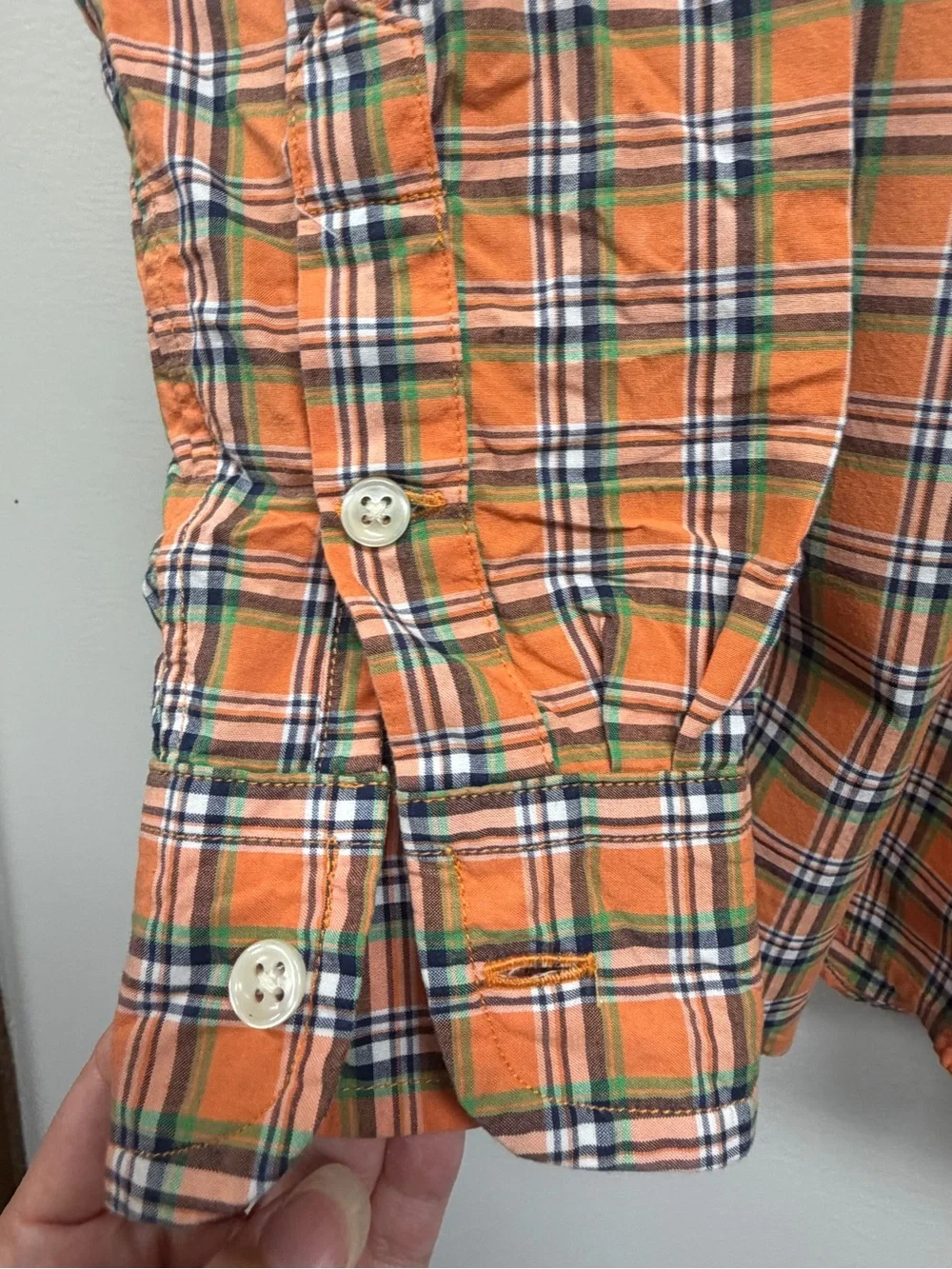 Ralph Lauren Orange Green Plaid Button-Down Kids Shirt 100% Cotton